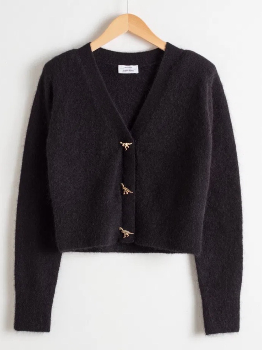 Black Fuzzy V-Neck Cardigan Sweater with dinosaur buttons